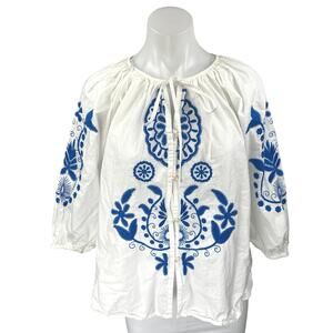 H&M White Blue Floral Paisley Embroidered Half Sleeve Button Down Blouse Top L